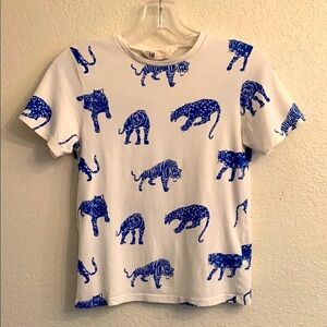 Unisex “H&M” White and Blue tiger/ leopard all over Print T-Shirt